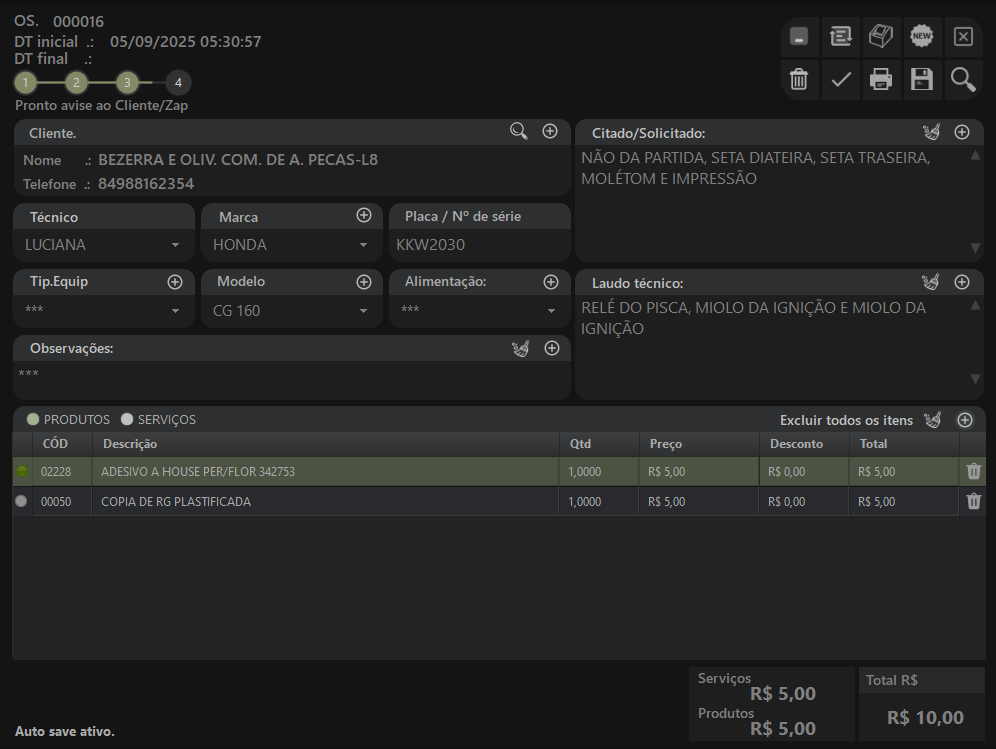 Tela de Ordem de Serviço